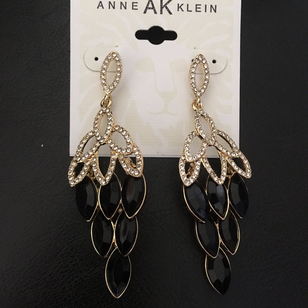 Anne Klein Leaf Gold Black Pave Crystals Earrings